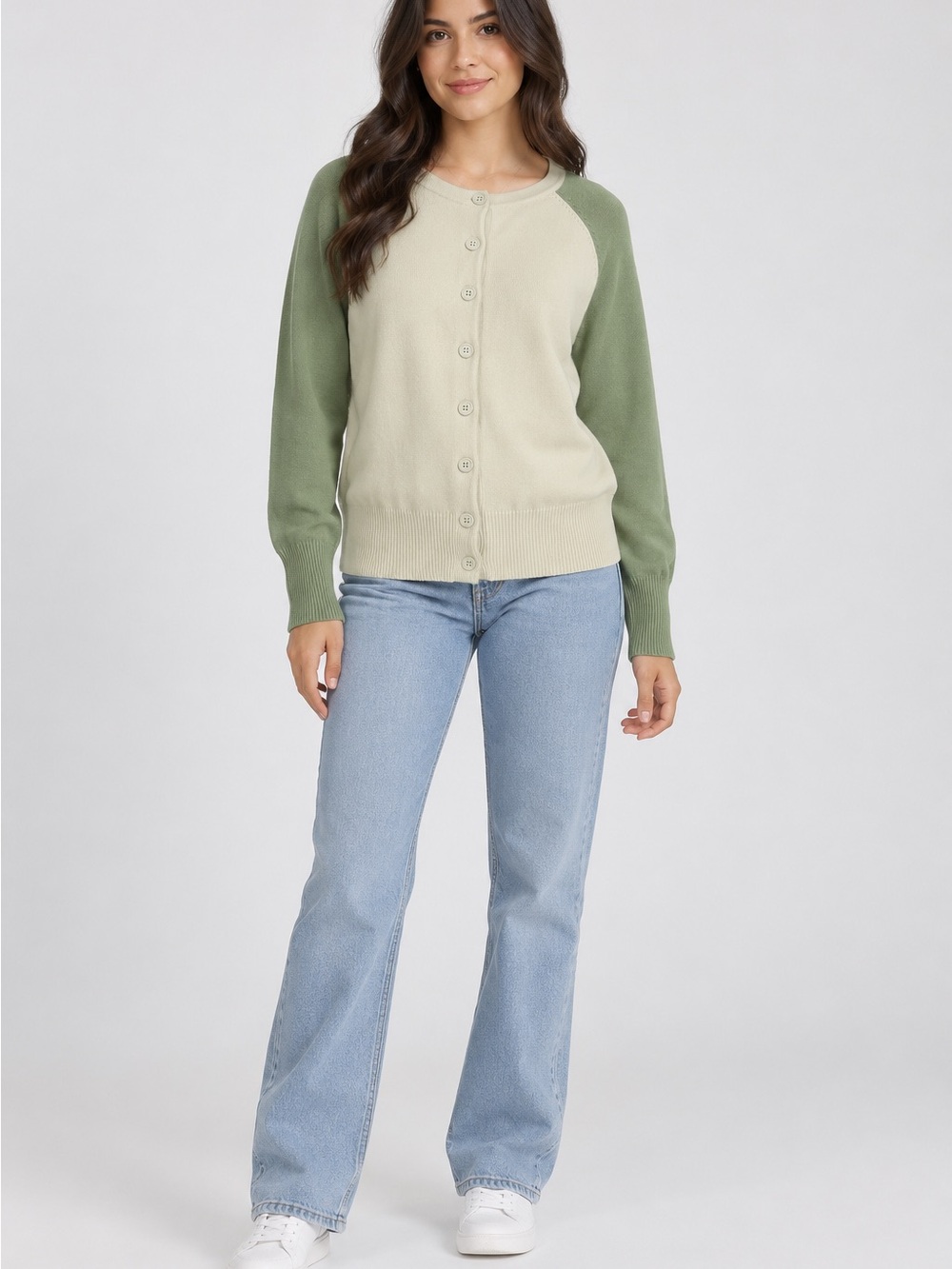 Vintage GAP Two-Tone Raglan Button-Front Cardigan — Sage Green/Cream